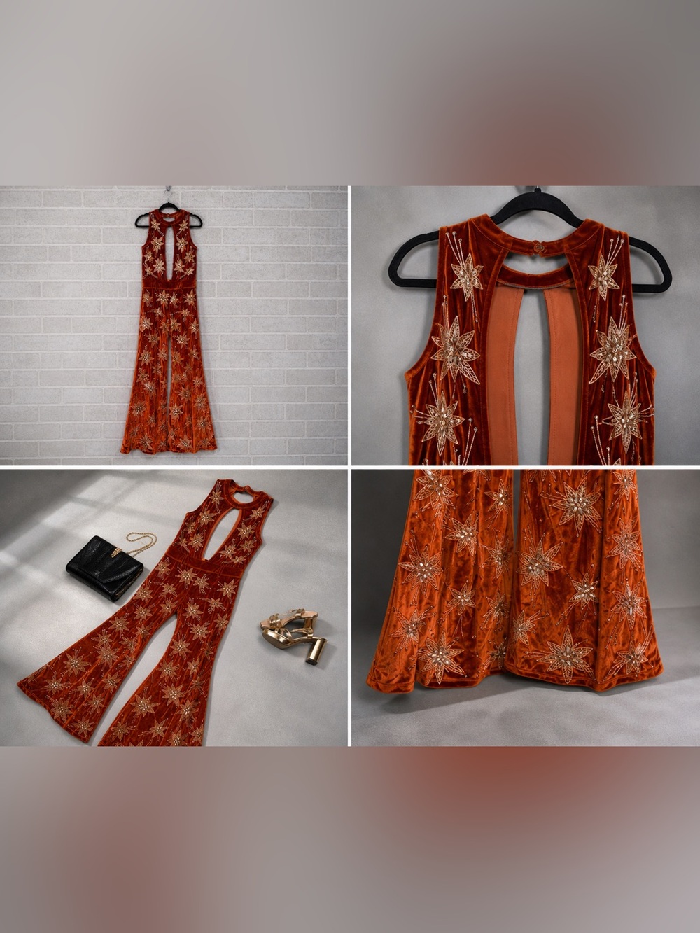 Lenni Velvet Star Embellished Jumpsuit Festival Concert Statement Outfit M - Picture 2 of 12